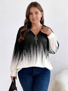 SHEIN LUNE Áo nỉ dáng rộng, khóa kéo nửa vai, dây rút, có khoen tròn, cỡ lớn. - Đen và trắng - Xem 4