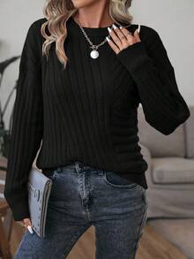SHEIN Clasi Chất rắn Thả vai Áo len - màu đen - Xem 4
