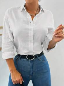 Drop Shoulder Solid Longline Shirt Summer Tops Vacation Clothes - White - View 4