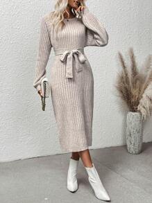 EMERY ROSE Tay Raglan Thắt lưng Đầm Áo len - Màu be - Xem 3