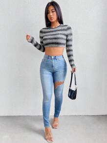 SHEIN Unity Camiseta crop con estampado de rayas - Multicolor - Ver 4