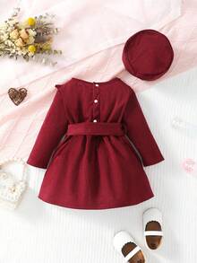 Bebé niña Vestido con cinturón ribete con fruncido con sombrero - Burdeos - Ver 2