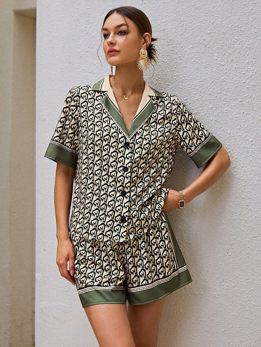 Sollinarry Allover Print Lapel Neck Shirt & Shorts - Green - View 1