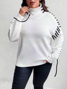 SHEIN Unity Suéter de cuello alto, hombros caídos y cordón lateral de talla grande, suéter de punto para otoño e invierno - Multicolor - Ver 3