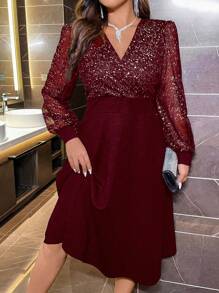 Plus Contrast Sequin Surplice Neck Lantern Sleeve Dress, For Thanksgiving