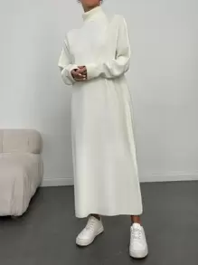 EURMUSE Turtleneck Drop Shoulder Sweater Dress Without Belt