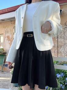 DAZY Solid Pleated Knit Skirt Without Belt Fall/Winter - Black - View 6