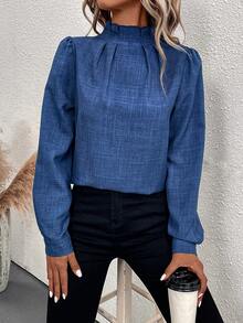 SHEIN Clasi Solid Mock Neck Puff Sleeve Blouse - Blue - View 5