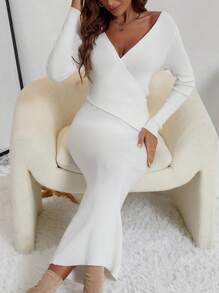 SHEIN Clasi Đan chéo Đồ đan Ribbed Đầm Áo len - trắng - Xem 4
