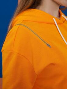 LOONEY TUNES X SHEIN Sudadera con capucha de talla grande con gráfico de dibujos animados y eslogan, hombros caídos y cordón ajustable - Naranja - Ver 5