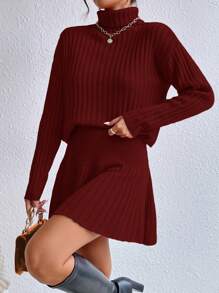 SHEIN Essnce Turtleneck Drop Shoulder Sweater & Knit Skirt - Red - View 5