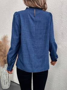 SHEIN Clasi Solid Mock Neck Puff Sleeve Blouse - Blue - View 2