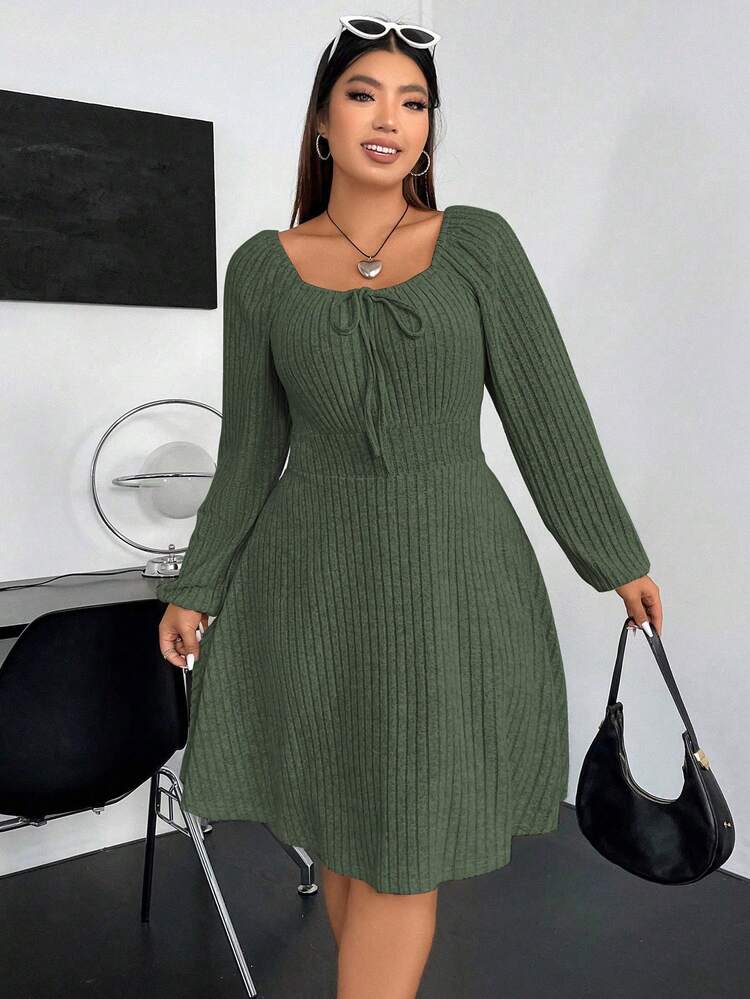 Plus Knot Front Lantern Sleeve Ribbed Knit Dress Fall Cloth For Women