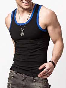 Men's Colorblock Trim Tank Top Home Wear - Black - View 1