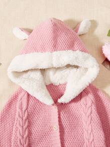 Baby Girl 3D Ears Design Button Front Hooded Cable Knit Jumpsuit - Pink - View 5