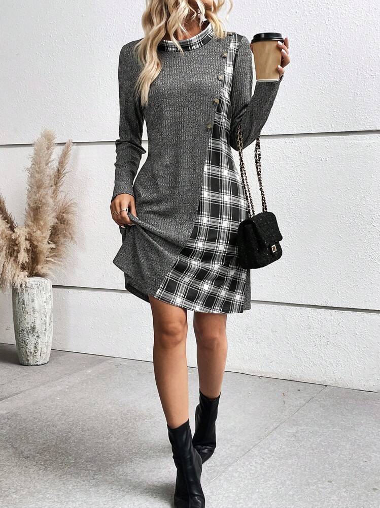 EMERY ROSE Vestido estilo camiseta con estampado de cuadros con diseño de botón - Gris - Ver 6