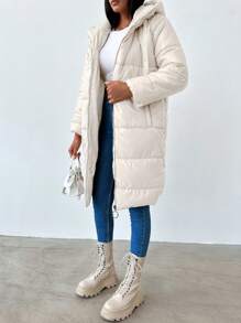 EURMUSE Women'S Hooded Mid-Length Padded Jacket - Beige - View 5