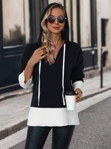 SHEIN LUNE Áo len chui đầu có mũ, dây rút, vai rớt, hai tông màu, thích hợp cho mùa thu đông. - màu đen - Xem 4
