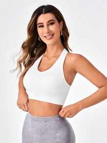 SHEIN Sports Chất rắn Áo lỗ Racer Bras thể thao - trắng - Xem 4