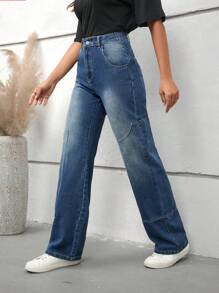 SHEIN EZwear 高腰直筒牛仔褲 - 中等水洗藍 - 查看 3