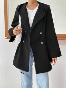 SHEIN EZwear 雙排釦連帽花呢外套 - 黑色 - 查看 6