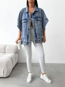 Cottnline Loose Fit Casual Half Sleeve Denim Jacket - Baby Blue - View 3
