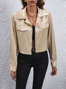 SHEIN LUNE Flap Detail Button Front Jacket Fall Cloth For Women - Khaki - View 4