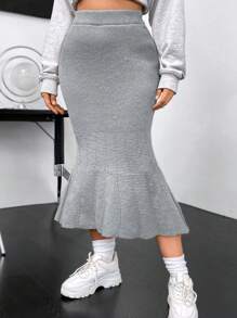 Flirla Plus Mermaid Hem Sweater Skirt - Light Grey - View 1