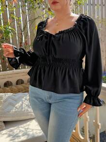 Flirla Hơn Lá sen tỉa Nút phía trước tay áo lá sen Áo sơ mi Peplum - màu đen - Xem 4
