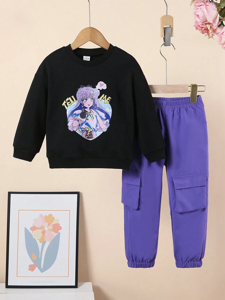 SHEIN Cô gái Lá thư & Nhân vật In Áo nỉ Với Túi có nắp Và Quần Cargo Bộ - màu đen - Xem 1