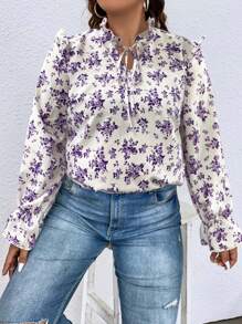 SHEIN Franclia 大碼滿版印花繫帶領荷葉邊荷葉袖襯衫 - 白色 - 查看 1