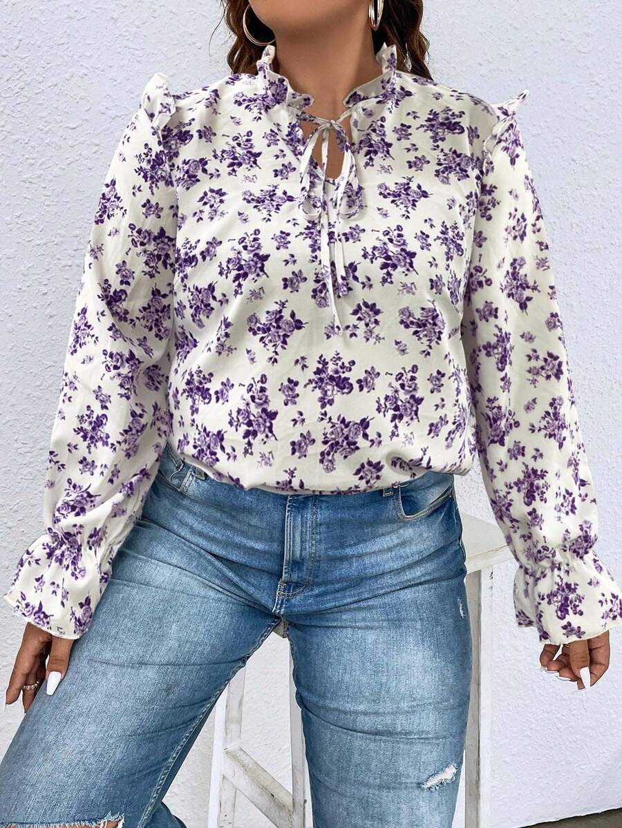 SHEIN Franclia 大碼滿版印花繫帶領荷葉邊荷葉袖襯衫 - 白色 - 查看 1