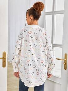 SHEIN Cô gái Dệt Đầy màu sắc Họa tiết mặt cười Giải trí Áo sơ mi - trắng - Xem 2