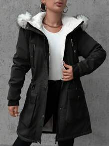 EURMUSE Flap Pocket Fuzzy Trim Hooded Thermal Lined Drawstring Waist Parka Coat - Black - View 5