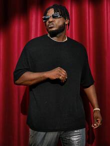 GENTILAND 大碼字母貼布落肩T恤 - 黑色 - 查看 4