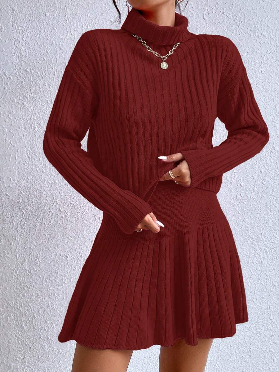 SHEIN Essnce Turtleneck Drop Shoulder Sweater & Knit Skirt - Red - View 1
