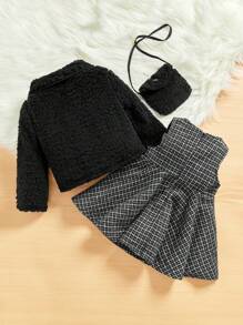 SHEIN 女嬰千鳥格印花洋裝&毛絨夾克&包 - 米色 - 查看 2