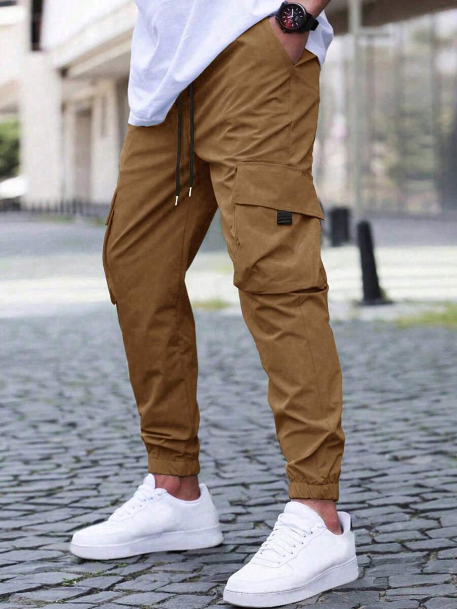 Manfinity Homme Loose Fit Men's Cargo Pants With Flap Pockets And Drawstring Waist - Bronze - View 1