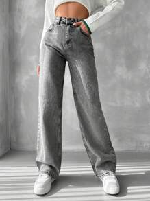 RueChic Quần Jeans Ống Thẳng Cạp Cao - Xám - Xem 6