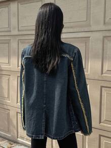 DAZY Raw Trimmed Lapel Neck Denim Coat,Jeans Jacket,Fall Women Clothes - Dark Wash - View 6