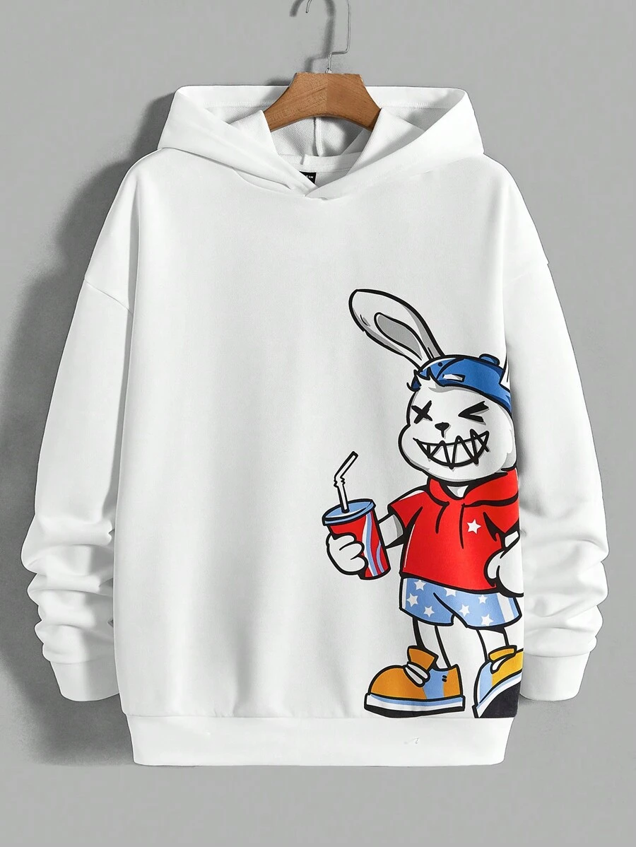 Manfinity RebelGame Loose Fit Men's Rabbit Print Long Sleeve Casual Hoodie - White - View 1