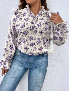 SHEIN Franclia 大碼滿版印花繫帶領荷葉邊荷葉袖襯衫 - 白色 - 查看 5