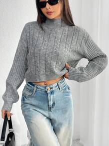 SHEIN Unity Mock Neck Cable Knit Drop Shoulder Sweater - Dark Grey - View 3