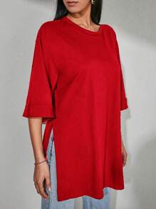 Cottnline 100%Cotton Solid Drop Shoulder Split Hem Tee - Red - View 4