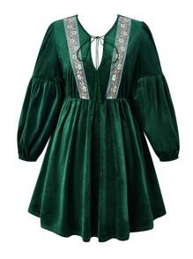 Calvaya Hơn Thêu tương phản Ruy băng Cà vạt Tay áo lồng đèn Nhung Đầm - màu xanh lá - Xem 1