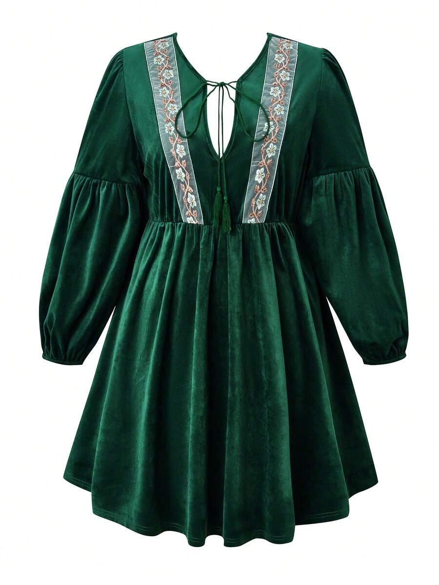 Calvaya Hơn Thêu tương phản Ruy băng Cà vạt Tay áo lồng đèn Nhung Đầm - màu xanh lá - Xem 1