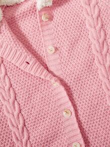 Baby Girl 3D Ears Design Button Front Hooded Cable Knit Jumpsuit - Pink - View 8