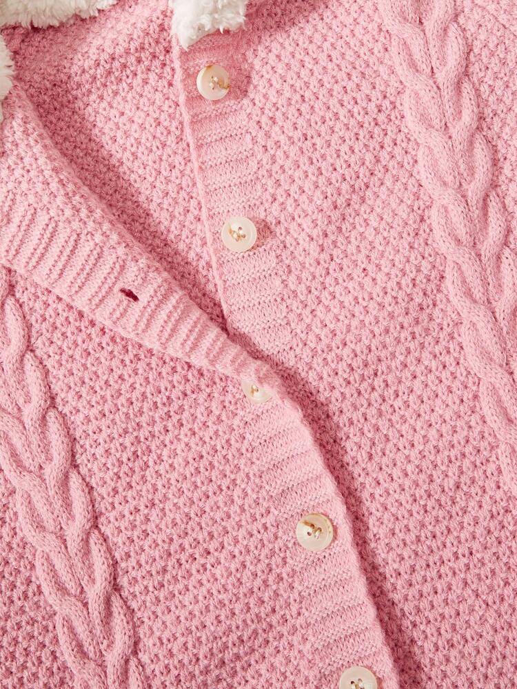 Baby Girl 3D Ears Design Button Front Hooded Cable Knit Jumpsuit