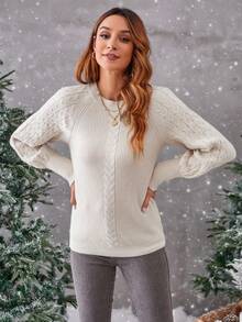 SHEIN Privé 麻花編織插肩袖套頭毛衣 - 米色 - 查看 4