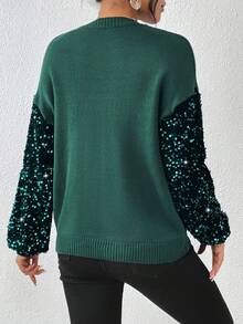 Chiquease 亮片拼接落肩袖套頭毛衣 - 綠色 - 查看 2